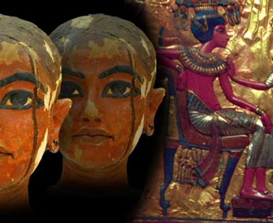 Deriv; Sculpture depicting the King Tutankhamun as a child, gold plate with Tutankhamun and Ankhesenamun.