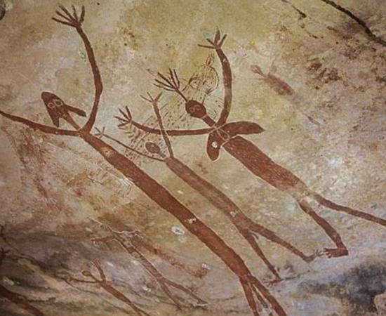 Ancient Aboriginal drawings of mythical quinkins/yowies. Laura, Australia. 