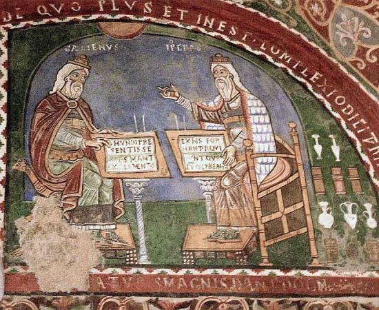 The diagnostic methods and treatments in the Trotula are based on the theories of Claudius Galen and Hippocrates, shown in this 12th century mural from Anagni in Italy. 
