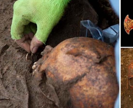 Left, The Trumpington Cross is found during the excavation of the burial in 2012. Top right, The Trumpington Cross. Bottom Right, Skull of Anglo-Saxon girl in the burial. Source: University of Cambridge Archaeological Unit