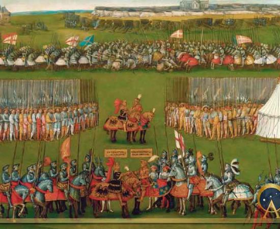 Encounter between Maximilian I, Holy Roman Emperor and Henry VIII. In the background is depicted the Battle of the Spurs against Louis XII of France. (Public Domain)