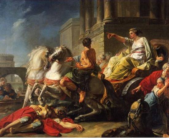 Tullia drives her chariot over the body of her father, Servius Tullius. Painting by Jean Bardin, 1765.