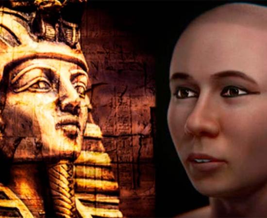 Left, Tutankhamun golden funerary mask. Right, 2023 facial reconstruction of King Tutankhamun. Source: Left, merydolla / Adobe Stock. Right, C. Moraes et al.