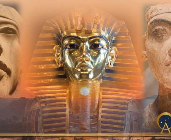 Akhenaten plaster bust on the left and Smenkhkare plaster bust on the right of the funerary mask of Tutankhamun. Berlin’s Neues Museum. Behind is the sunrise near Amarna, Egypt. (Image: Courtesy Jonathon Perrin)