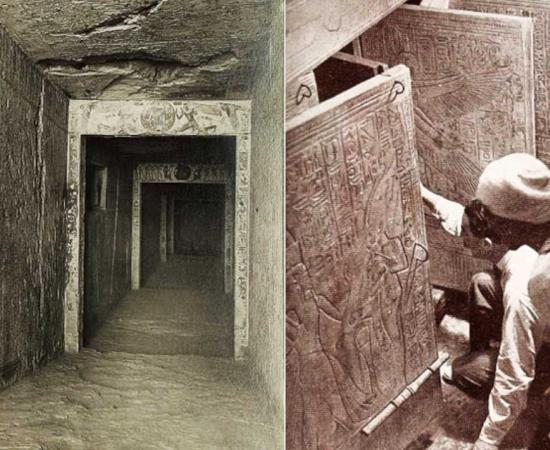 Left: The corridor leading to the Antechamber of Tutankhamun’s tomb. Right: The moment Tutankhamun’s shrine was opened revealing his sarcophagus. (Public Domain).