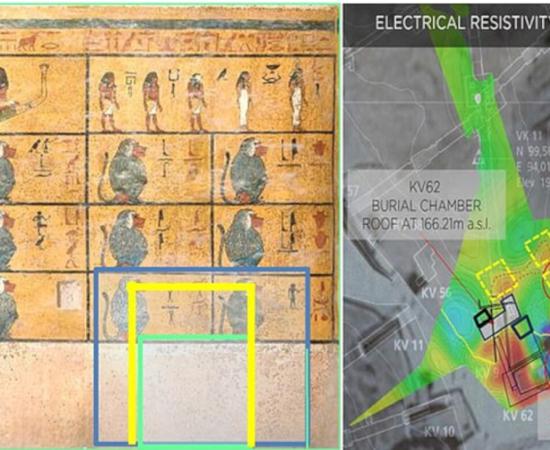 Left; Area in Tutankhamun’s burial chamber where the researchers believe there could be a false wall. Right; Map of the tomb and surrounding area using microgravity scanning. 