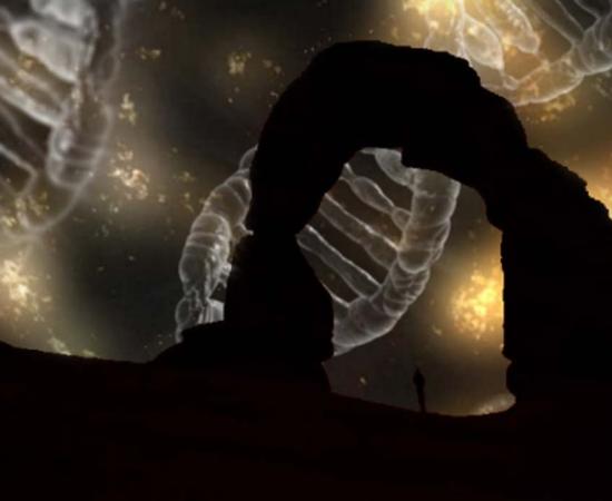 Silhouette of a person under an arch. (CC0)  Background: DNA. 