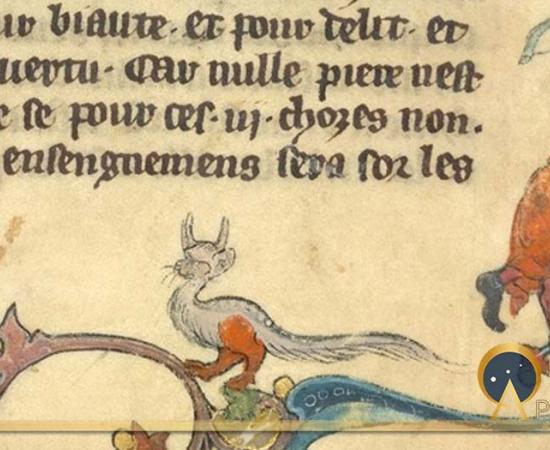 Lower right part of the three-sided border: an archer shooting at a dragon, and a grotesque, in Brunetto Latini's Le Livre du Trésor. (circa 1315-1325)France, N. (Picardy) (Public Domain)