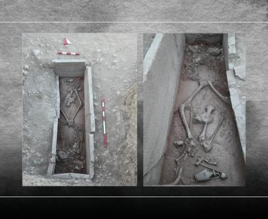 Two views of the approximately 2,400-year-old stone-lined grave discovered in the newly identified Eastern Necropolis of Aspendos, Turkey.