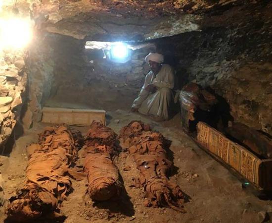 Mummies of a woman and two children found in burial chamber at Draa Abul Naga, Luxor