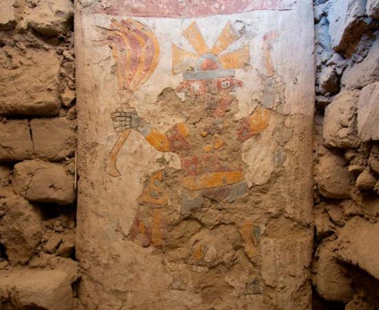 The two-faced Moche man figure painted on the lower part of the pillar. Two images of two-faced men have been discovered at the Moche site of Pañamarca, Peru. Source: Lisa Trever/Panamarca