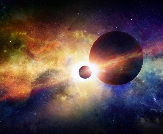 Two planets in space, glowing mysterious nebula in universe. 