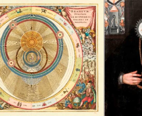 Left; 1660 chart illustrating Tycho Brahe’s model of the universe Right; Portrait of Tycho Braha, Skokloster Castle, Source: Left; Public Domain, Right; Public Domain