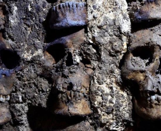 Detail of skulls on the tzompantli (skull rack) found under Mexico City