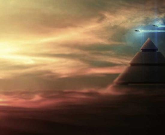 An artist’s representation of a pyramid with UFOs.
