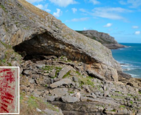 A general view of Bacon Hole cave on the Gower Peninsula, Wales, overlooking the Bristol Channel, with Insert, images of the newly denoted cave art