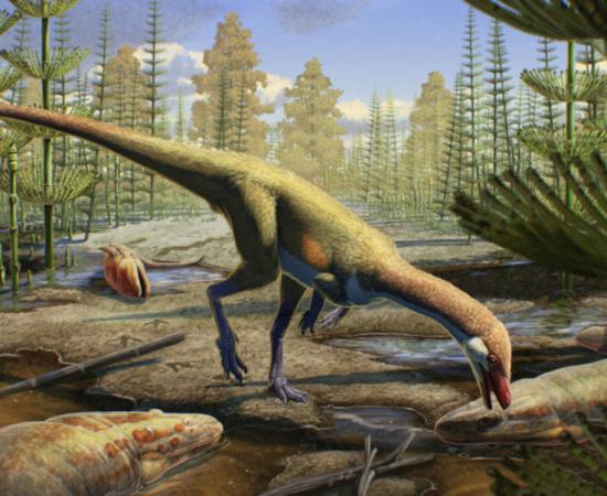 An artist’s rendering shows how Ahvaytum bahndooiveche may have appeared in a habitat dating to around 230 million years ago. 