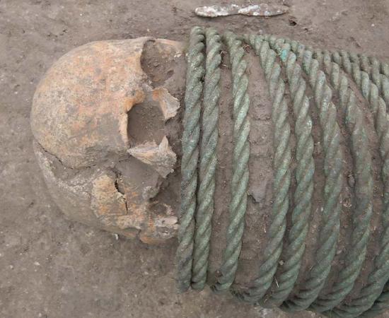 A close up of the woman buried with neck rings at the 1000-year-old burial site found near Kyiv, Ukraine.	Source: Courtesy of Vyacheslav Baranov/National Academy of Sciences of Ukraine