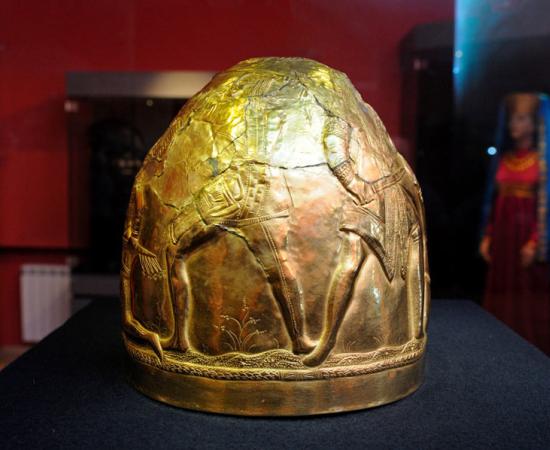 Representative Scythian gold warrior helmet kept in the National History Museum Kyiv.	Source: Yurii Zushchyk/Adobe Stock