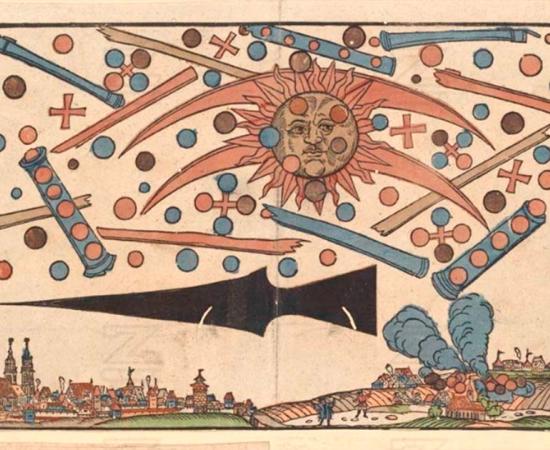 1561 celestial phenomenon over Nuremberg as printed in an illustrated news notice (described by UFO enthusiasts as an aerial battle of extraterrestrial origin and considered a sun dog by skeptics) Source: Public Domain