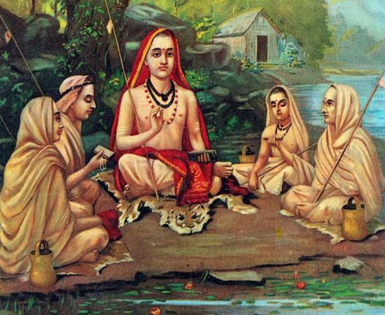 Adi Shankara, 788-820 AD, founder of the Advaita Vedanta, the oldest extant sub-school of Vedānta, a tradition of interpretation of the Upanishads, by Raja Ravi Varma.	Source: Raja Ravi Varma / Public domain