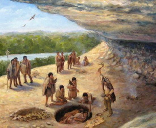Illustration of Paleoindians during a burial.