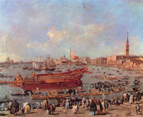 Painting of the launch of a ship in Venice by Francesco Guardi (1712-1793) called ‘The Departure of the Bucentaur, at the Lido.’