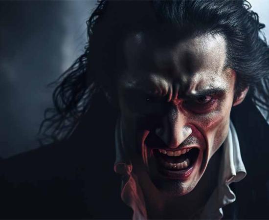 AI close-up portrait of Dracula baring his sharp fangs, with a predatory glare in a dark room.		Source: EOL STUDIOS