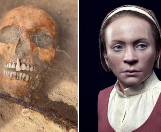 Left; Skull and sickle of skeleton found in 2022.  Right; Reconstruction of the woman’s face, by Oscar Nilsson.