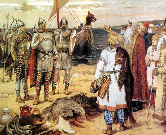 The Invitation of the Varangians: Rurik and his brothers Sineus and Truvor arrive at the lands of the Ilmen Slavs at Staraya Ladoga. 