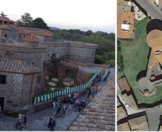 Left; Vejano Castle, Vejano, Italy, street view of tower and entry bridge. Right, the triangular Vejano castle from above. Source: Left; Croberto68/ CC BY-SA 3.0, Right; Google Earth