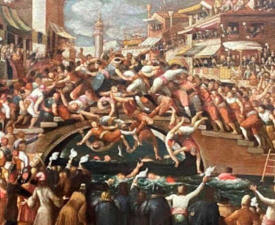 This painting, from circa 1675 by Joseph Heinz the Younger, shows a wild Venetian bridge war on the famous Ponte dei pugni bridge. Source: Joseph Heintz the Younger / CC BY-SA 4.0