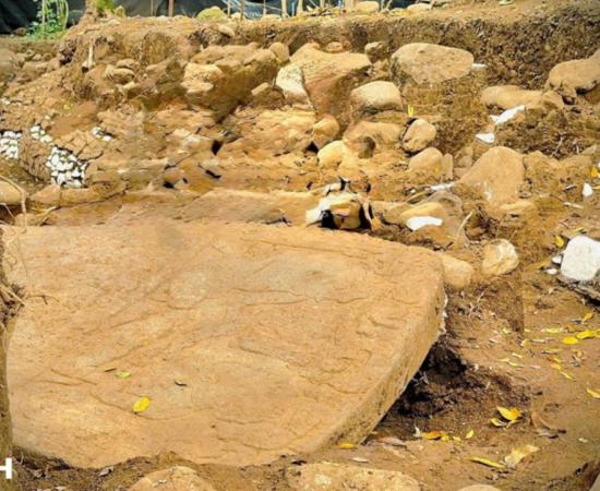 A large carved monolithic sculpture slab in the excavation trench, Coatepec, Veracruz.
