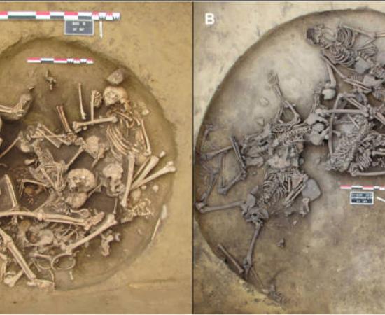 Overhead views of Stone Age pits filled with human skeletons excavated in France