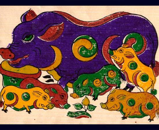 Dong Ho Vietnamese art is an aesthetic symbol in Vietnamese culture.  This painting is titled, ‘Good luck wish’: Lợn âm dương (Yin-yang pig). Source: Public Domain
