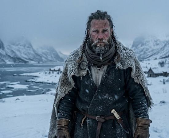 A photorealistic illustration of an early Viking settler enduring the harsh 'Fimbulwinter' in 6th-century Norway.