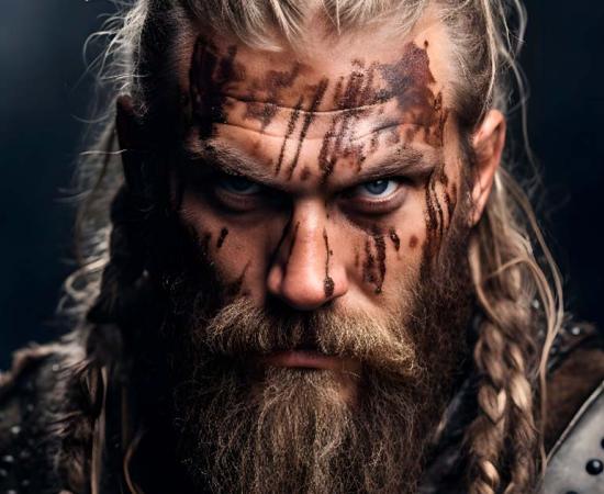 AI portrait of fearless powerful warrior Viking man with blood marks. Source: Asiri/Adobe Stock