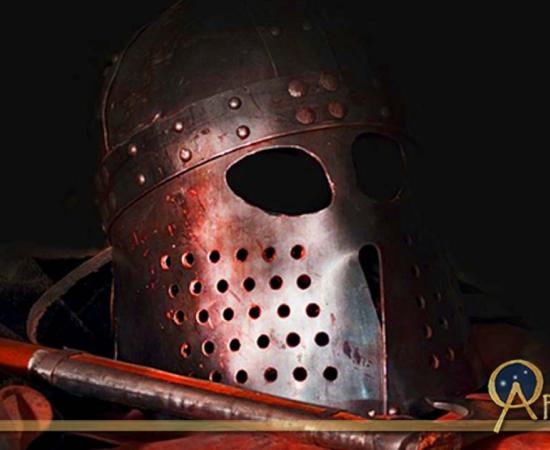 Recreated Viking helmet and weapon