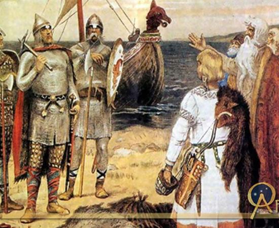 The Invitation of the Varangians: Rurik and his brothers Sineus and Truvor arrive at the lands of the Ilmen Slavs at Staraya Ladoga. Painted prior to 1913 by Viktor.M.Vasnetsov.