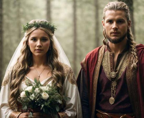 Bride and groom, in Viking traditional outfits. Viking wedding rituals were necessary to earn the blessings of the gods and for continuing the Viking bloodline.  Source: MaxNadya/Adobe Stock