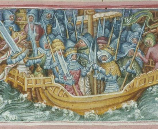 The scene depicts Hinguar and Hubba setting out to avenge their father, Lothbrok