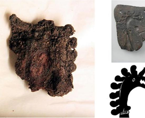 The dragon's head on the piece of metal fits into the mold found in 1870. Photo: Antje Wendt/Historiska museet.