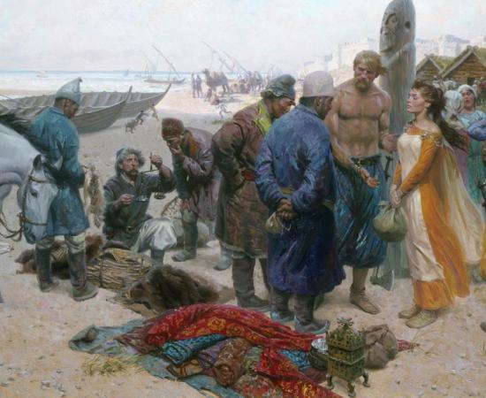 A Viking offers a slave girl to a Persian merchant.