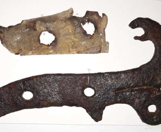 Viking skin or Daneskin and a hinge taken from the door of St. Botolph’s church in Hadstock, near Cambridge, in the UK. A recent study has revealed that all the famous Viking skin doors in England did not use human skin at all, but the myths were too powerful and the science too primitive to prove otherwise.		Source: Saffron Walden Museum