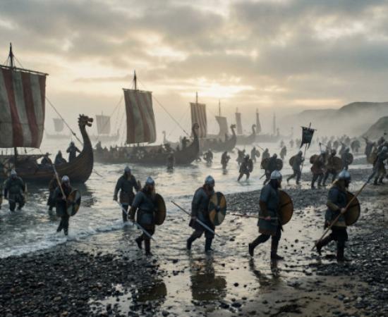 Cinematic style impression of The Great Heathen Army landing on the shores of Anglo-Saxon Britain