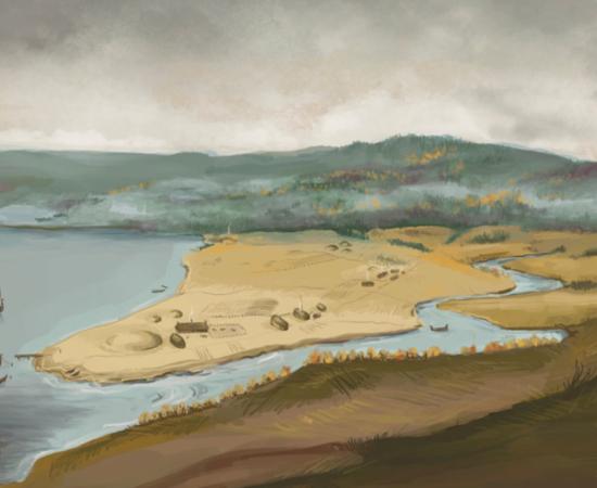 Illustration of how the burial mound and the surrounding farms may have looked in the 10th century. 
