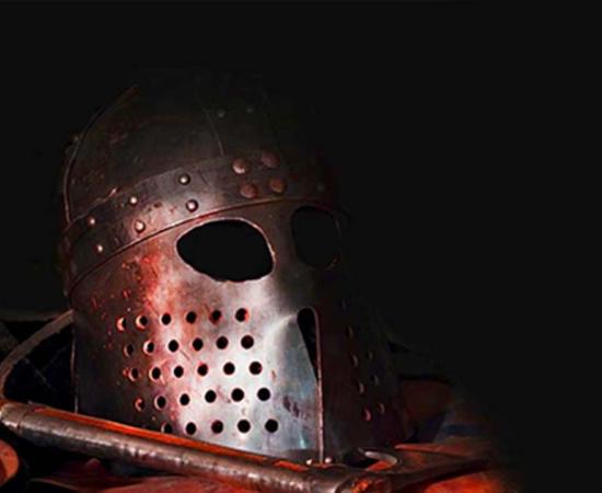 Recreated Viking helmet and weapon 