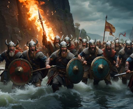 A group of marauding Vikings coming ashore.