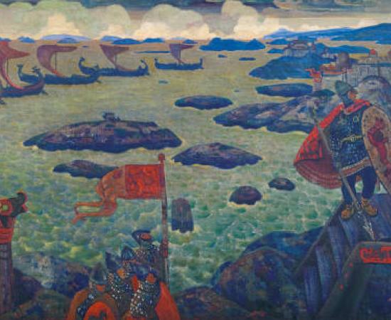 Ready for the Campaign (The Varangian Sea) (1910), by Nicholas Roerich, depicts Viking-era Scandinavian traders on the banks of the Dnieper River in eastern Europe.	
