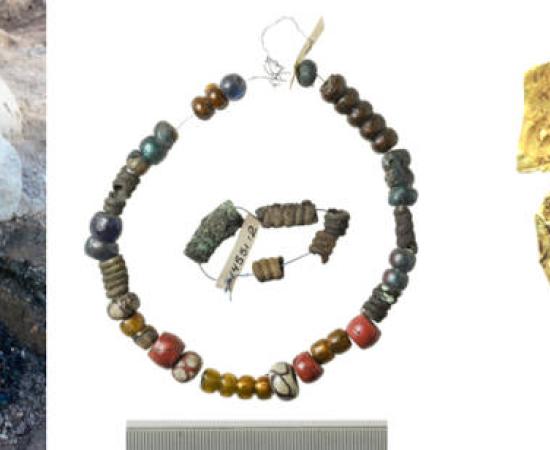 Viking sword standing in situ, bead necklace, gold sheet.